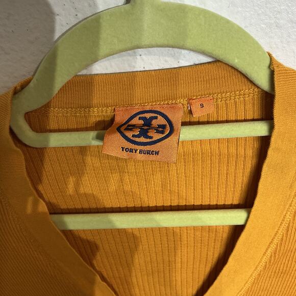 Tory Burch Mustard Yellow Shrunken Simone Ribbed Cardigan Sz S - Picture 5 of 12